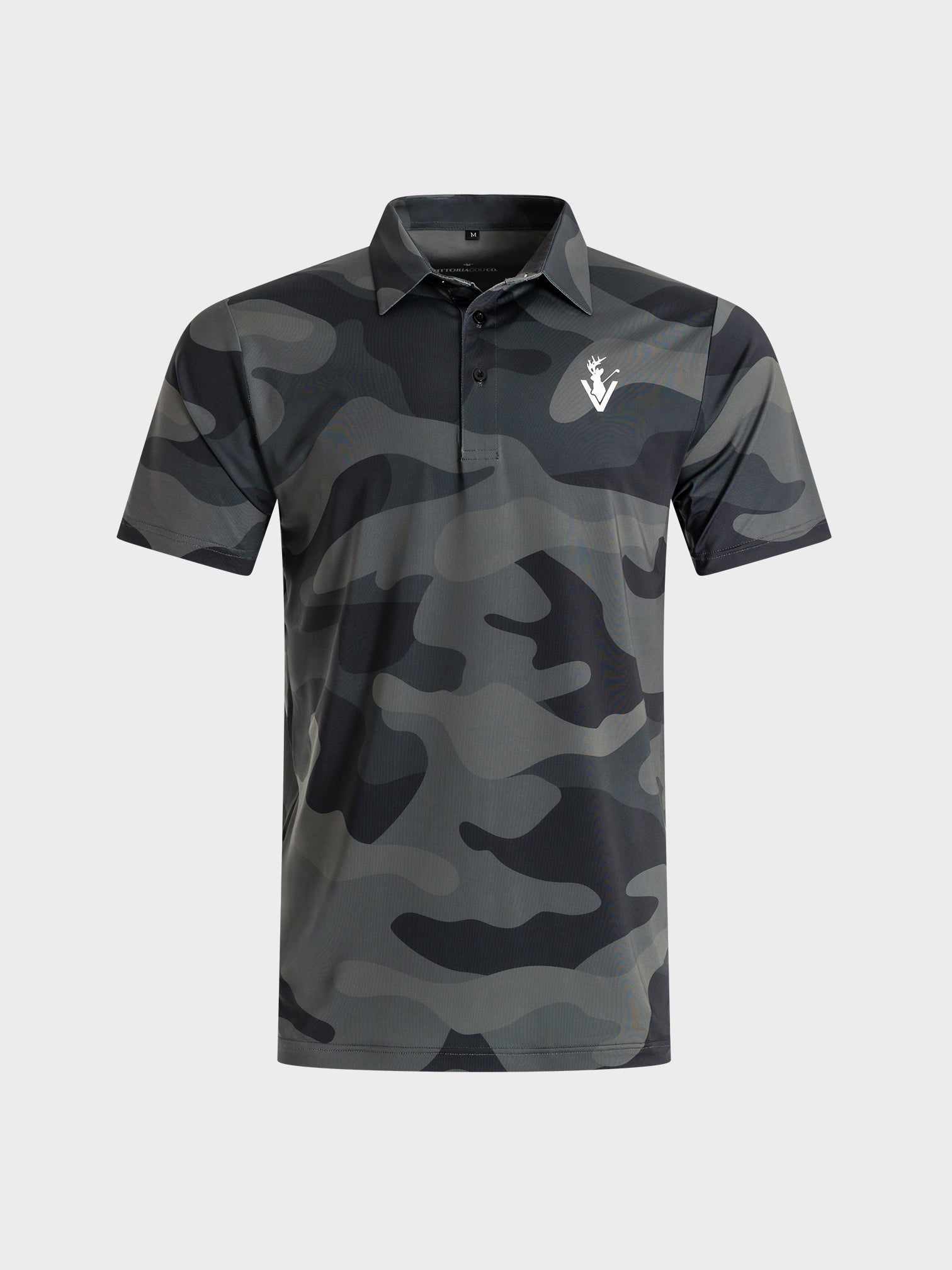 Men's black and gray camo pattern polo shirt with VittoriaGolfco logo, named The Invincible