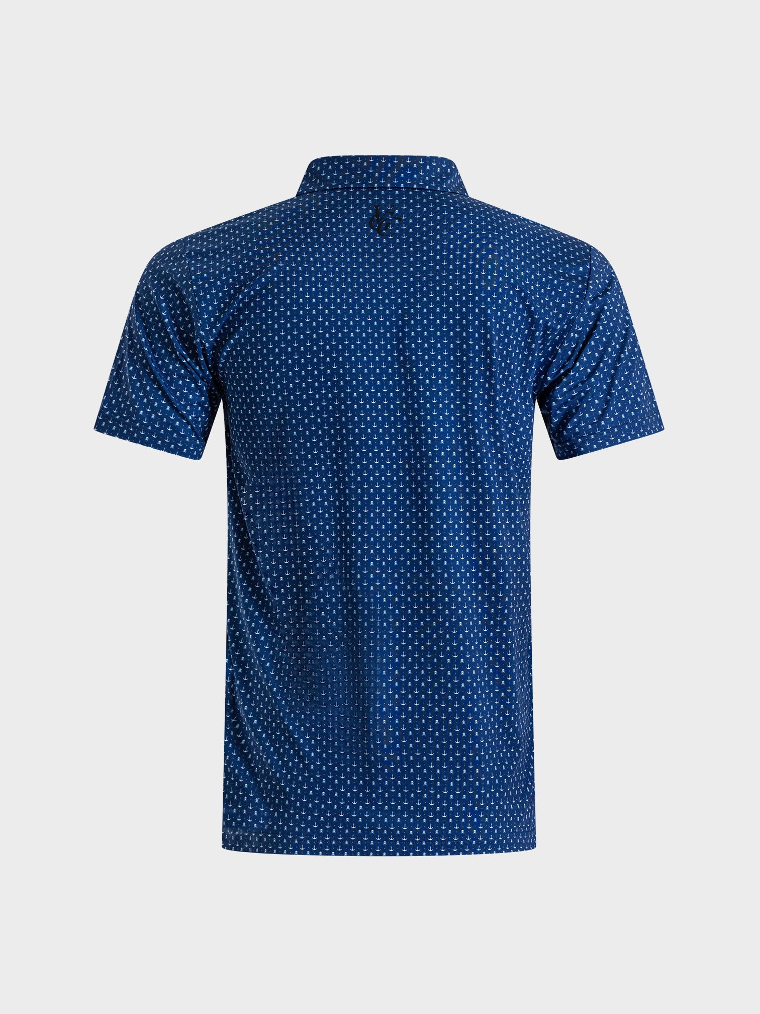 The Deadman blue patterned golf polo shirt back view by VittoriaGolfco