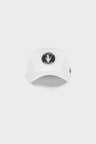 The Patch Hat white adjustable snapback with black circular patch logo