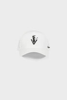 White Vittoria Hat- White golf cap with black logo and adjustable snapback closure