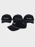 Black Vittoria Rope Hat with white rope detail and breathable design in multiple views