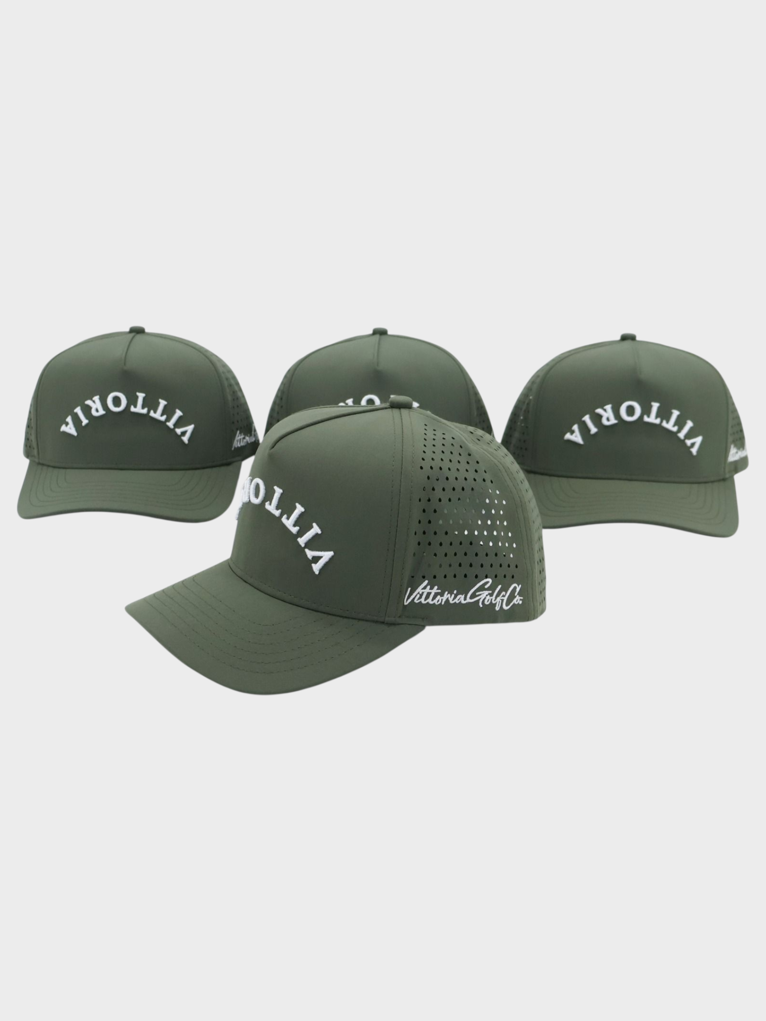 The Upside Down green golf hat with adjustable snapback and bold Vittoria lettering