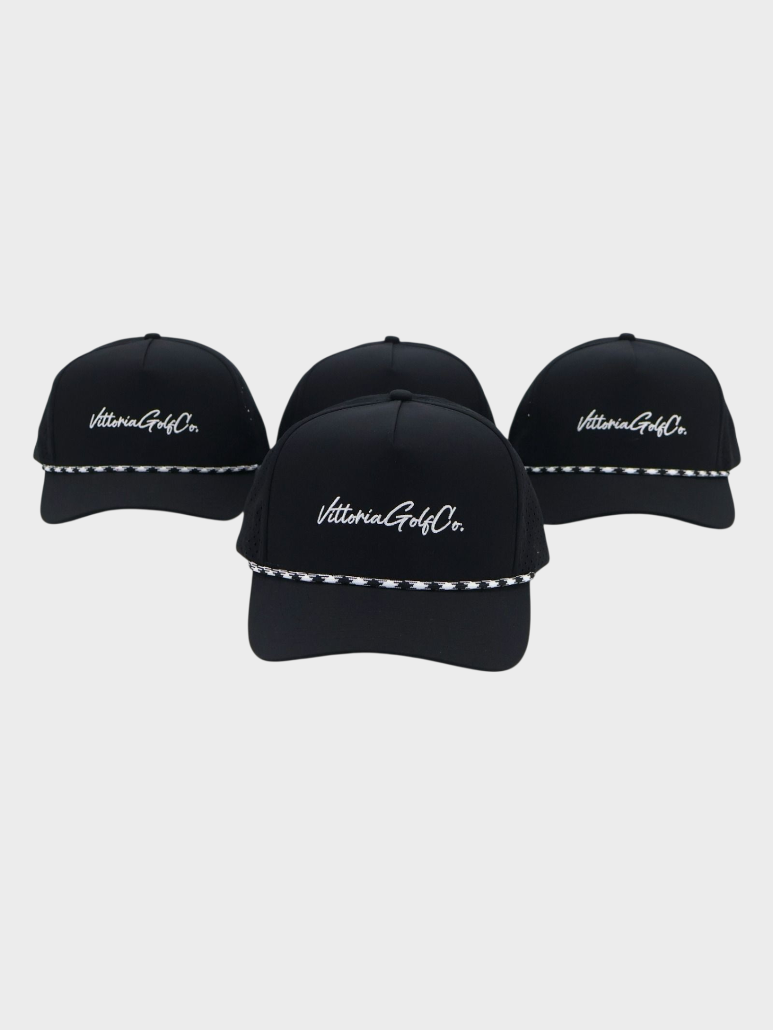 Black Vittoria Rope Hat with white logo and rope detail across the brim, adjustable snapback golf cap