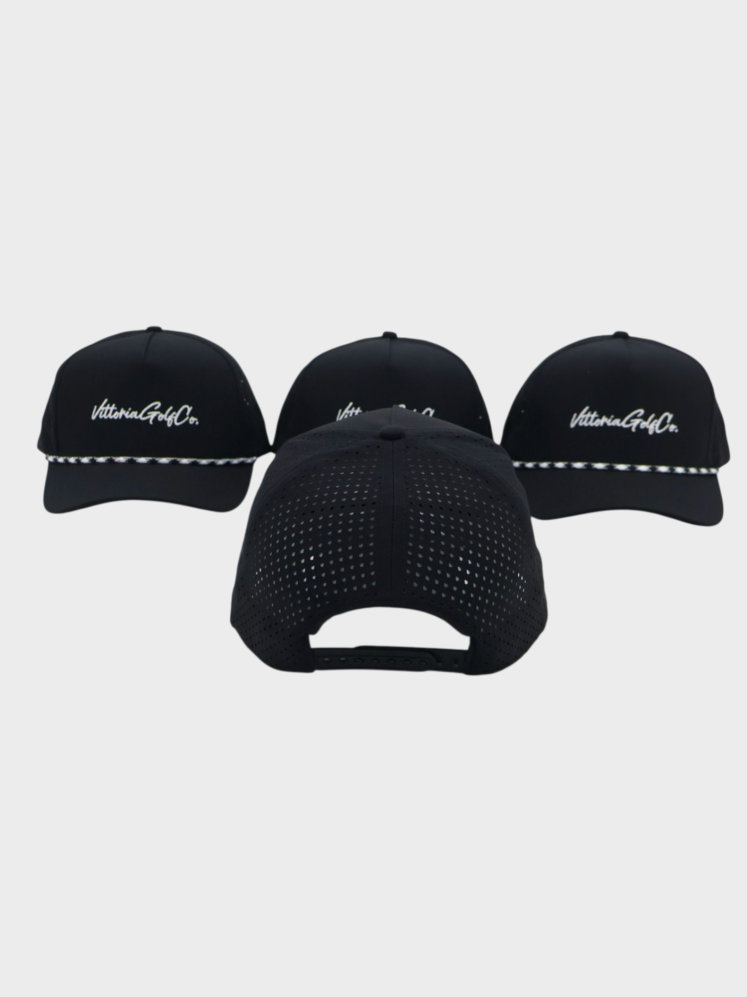 Black Vittoria Rope Hat with adjustable snapback and white rope detail on brim, breathable fabric golf cap