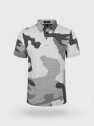 VittoriaGolfCo. performance golf polo featuring a monochrome camouflage and vertical stripe pattern with a three-button placket.