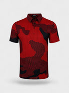 VittoriaGolfCo. red and black performance golf polo with pinstripe and geometric camouflage pattern.